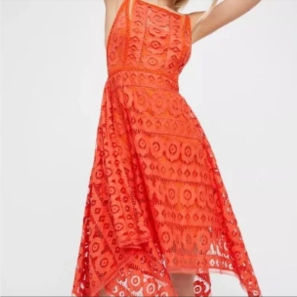 Free People-Just Like Honey Coral Orange Lace Crochet Floral Boho Flowy - Picture 2 of 10